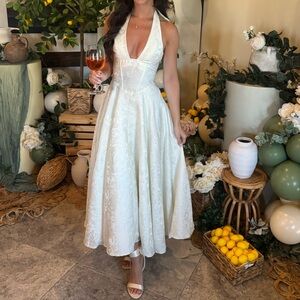 Halter Off White Patterned Midi Dress